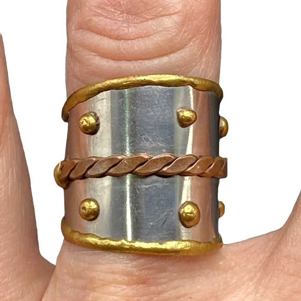 Anju designer metal cuff ring adjustable stainless, brass and copper braid beads